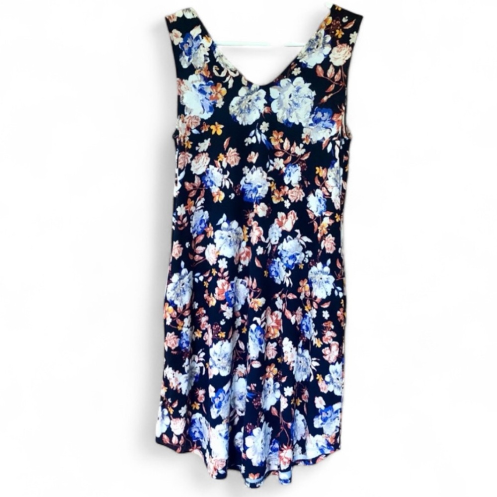 Maurices 24/7 Floral V-Neck Mini Dress XS Navy Blue Boho Summer Pockets EUC